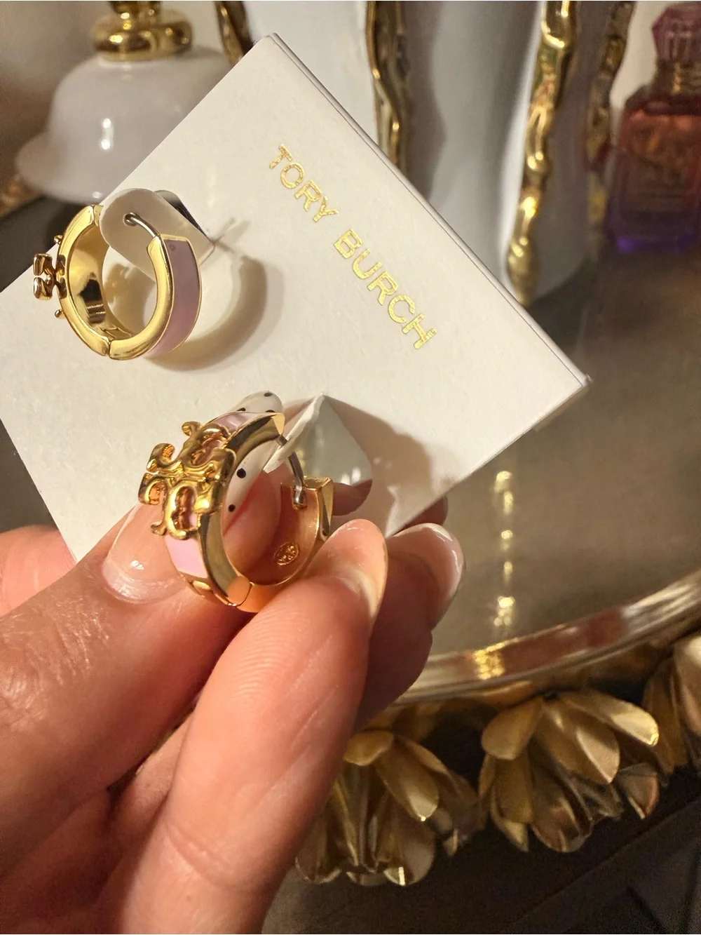 Tory Burch Pink and Gold Enamel Logo Hoop Huggie Earrings